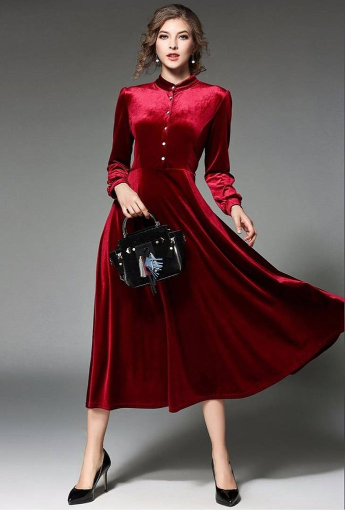 V-neck Long Sleeve Velvet Dress Full Length Party Gown Ball Fall Winter B  Women | eBay
